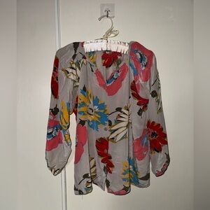 Tucker Gray Floral Blouse with Red and Blue Accents